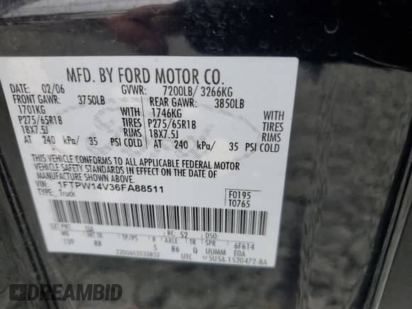 2006 Ford F-150 XLT with VIN 1FTPW14V36FA88511, listed as a Copart auction lot 69152395 with 216,622 mi miles and Salvage title. Bid and sale history available at DreamBid. Image 12.