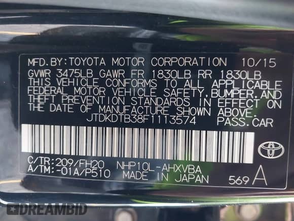 2015 Toyota Prius One with VIN JTDKDTB38F1113574, listed as a IAAI auction lot 43109629 with 143,383 mi miles and . Bid and sale history available at DreamBid. Image 9.