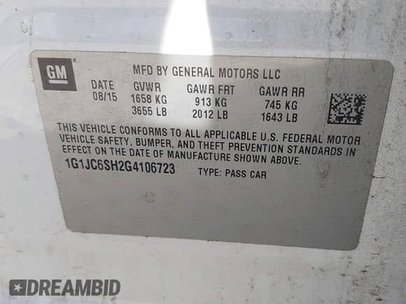 2016 Chevrolet Sonic LT with VIN 1G1JC6SH2G4106723, listed as a IAAI auction lot 42196780 with 107,275 mi miles and . Bid and sale history available at DreamBid. Image 9.