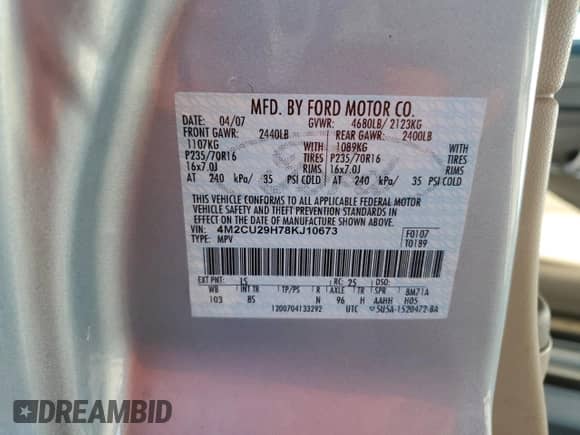 2008 Mercury Mariner with VIN 4M2CU29H78KJ10673, listed as a Copart auction lot 81703754 with 89,294 mi miles and Salvage title. Bid and sale history available at DreamBid. Image 13.