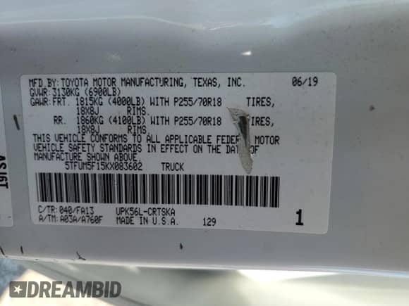 2019 Toyota Tundra SR с VIN 5TFUM5F15KX083602, выставлен на аукционе Copart как лот 63444305 с пробегом 215 718 миль миль и Чистый • Clean title. История ставок и продаж доступна на DreamBid. Изображение 12.