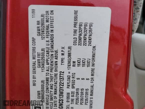 2000 Chevrolet Blazer LT with VIN 1GNCS13W3Y2213772, listed as a Copart auction lot 79964794 with 80,090 mi miles and Salvage title. Bid and sale history available at DreamBid. Image 13.