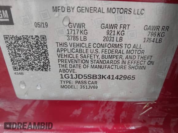 2019 Chevrolet Sonic LT with VIN 1G1JD5SB3K4142965, listed as a IAAI auction lot 42742249 with 79,596 mi miles and . Bid and sale history available at DreamBid. Image 9.