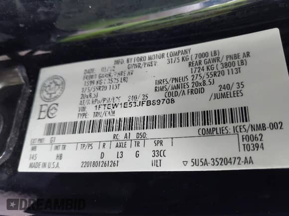 2018 Ford F-150 XL z VIN 1FTEW1E53JFB89708, wystawiony jako IAAI lot #43303196 z przebiegiem 168 714 mil mil oraz . Historia ofert i sprzedaży dostępna na DreamBid. Obrazek 9.