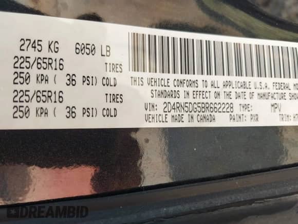 2011 Dodge Grand Caravan Crew with VIN 2D4RN5DG5BR662228, listed as a IAAI auction lot 43252533 with 255,202 mi miles and . Bid and sale history available at DreamBid. Image 9.