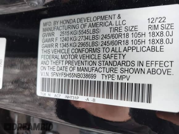 2022 Honda Pilot EX-L with VIN 5FNYF5H55NB038699, listed as a IAAI auction lot 41967073 with 58,097 mi miles and . Bid and sale history available at DreamBid. Image 9.