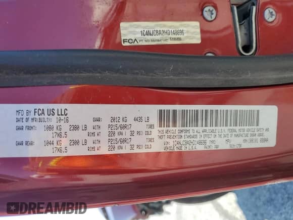 2017 Jeep Compass Sport with VIN 1C4NJCBA2HD148696, listed as a Copart auction lot 69581515 with 125,331 mi miles and Salvage title. Bid and sale history available at DreamBid. Image 13.