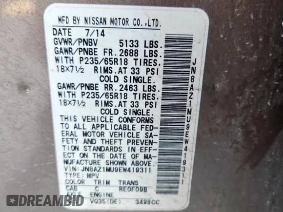 2014 Nissan Murano S с VIN JN8AZ1MU9EW419311, выставлен на аукционе Copart как лот 85492755 с пробегом 173 827 миль миль и Списание • Salvage title. История ставок и продаж доступна на DreamBid. Изображение 13.