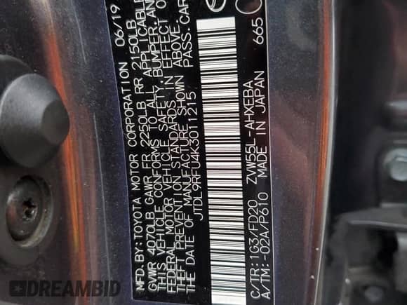 2019 Toyota Prius LE с VIN JTDL9RFU4K3011215, выставлен на аукционе Copart как лот 82524815 с пробегом 130 204 миль миль и Списание • Salvage title. История ставок и продаж доступна на DreamBid. Изображение 12.