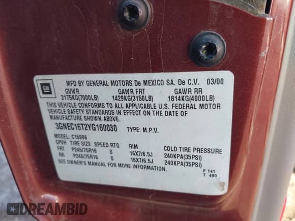 2000 Chevrolet Suburban LS with VIN 3GNEC16T2YG160030, listed as a IAAI auction lot 42413426 with 56,979 mi miles and . Bid and sale history available at DreamBid. Image 9.