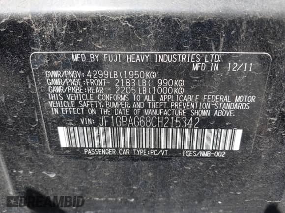 2012 Subaru Impreza Limited с VIN JF1GPAG68CH215342, выставлен на аукционе IAAI как лот 42449485 с пробегом 206 149 миль миль и . История ставок и продаж доступна на DreamBid. Изображение 9.