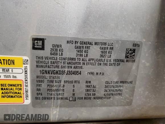 2015 Chevrolet Traverse LT с VIN 1GNKVGKD3FJ304954, выставлен на аукционе Copart как лот 84810685 с пробегом 159 973 миль миль и Чистый • Clean title. История ставок и продаж доступна на DreamBid. Изображение 13.