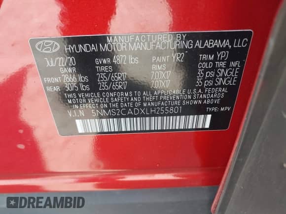 2020 Hyundai Santa Fe SE z VIN 5NMS2CADXLH255801, wystawiony jako IAAI lot #43014162 z przebiegiem 83 655 mil mil oraz . Historia ofert i sprzedaży dostępna na DreamBid. Obrazek 9.
