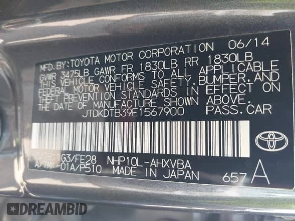 2014 Toyota Prius One z VIN JTDKDTB39E1567900, wystawiony jako IAAI lot #42926836 z przebiegiem 137 080 mil mil oraz . Historia ofert i sprzedaży dostępna na DreamBid. Obrazek 9.