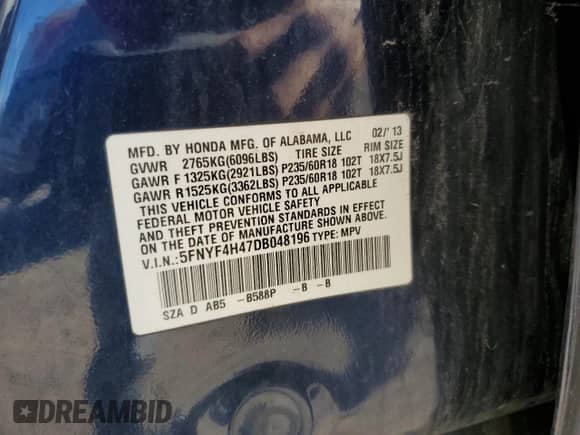 2013 Honda Pilot EX z VIN 5FNYF4H47DB048196, wystawiony jako Copart lot #89739175 z przebiegiem 303 730 mil mil oraz Czysty tytuł • Clean title. Historia ofert i sprzedaży dostępna na DreamBid. Obrazek 14.