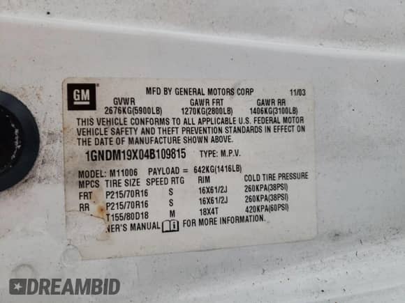 2004 Chevrolet Astro с VIN 1GNDM19X04B109815, выставлен на аукционе Copart как лот 41752345 с пробегом 110 931 миль миль и Чистый • Clean title. История ставок и продаж доступна на DreamBid. Изображение 13.