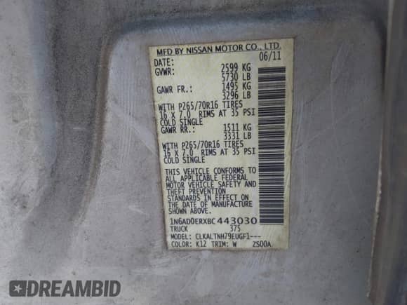 2011 Nissan Frontier SV with VIN 1N6AD0ERXBC443030, listed as a IAAI auction lot 41287412 with 218,429 mi miles and . Bid and sale history available at DreamBid. Image 9.