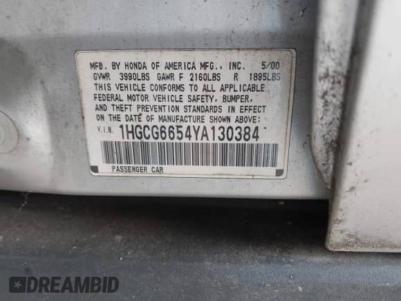 2000 Honda Accord LX с VIN 1HGCG6654YA130384, выставлен на аукционе IAAI как лот 42937946 с пробегом 174 071 миль миль и . История ставок и продаж доступна на DreamBid. Изображение 9.