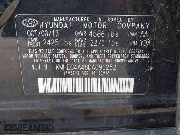 2013 Hyundai Sonata с VIN KMHEC4A48DA096252, выставлен на аукционе IAAI как лот 42485427 с пробегом 70 101 миль миль и . История ставок и продаж доступна на DreamBid. Изображение 9.