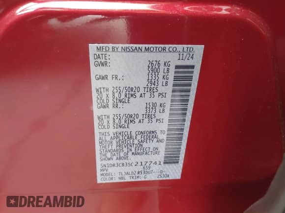 2025 Nissan Pathfinder SL z VIN 5N1DR3CB3SC217741, wystawiony jako IAAI lot #42528565 z przebiegiem 262 mil mil oraz . Historia ofert i sprzedaży dostępna na DreamBid. Obrazek 9.