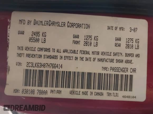 2007 Chrysler 300 C with VIN 2C3LK63H07H766414, listed as a IAAI auction lot 41736079 with Not provided miles and . Bid and sale history available at DreamBid. Image 9.