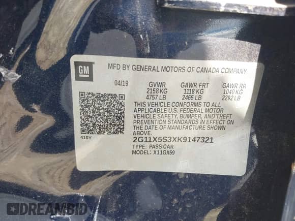 2019 Chevrolet Impala LS с VIN 2G11X5S3XK9147321, выставлен на аукционе IAAI как лот 42811904 с пробегом 150 401 миль миль и . История ставок и продаж доступна на DreamBid. Изображение 9.