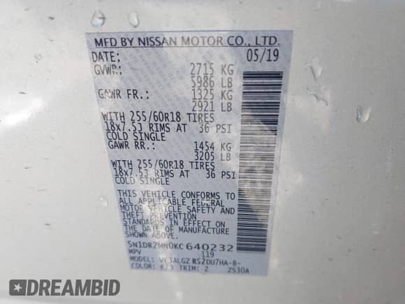 2019 Nissan Pathfinder SL with VIN 5N1DR2MN0KC640232, listed as a IAAI auction lot 41773841 with 98,155 mi miles and . Bid and sale history available at DreamBid. Image 9.