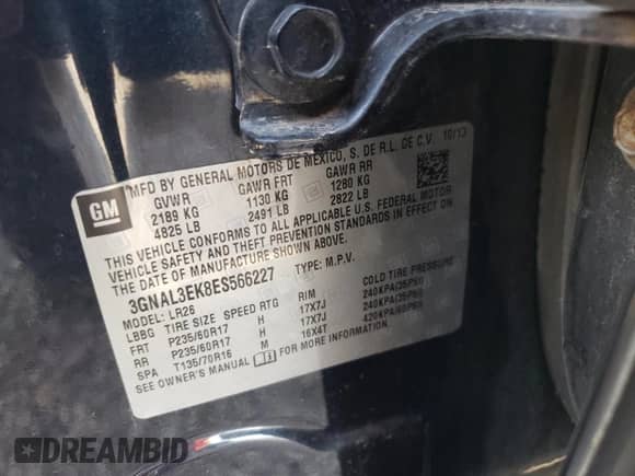 2014 Chevrolet Captiva Sport LT с VIN 3GNAL3EK8ES566227, выставлен на аукционе Copart как лот 71178734 с пробегом 196 064 миль миль и Списание • Salvage title. История ставок и продаж доступна на DreamBid. Изображение 13.