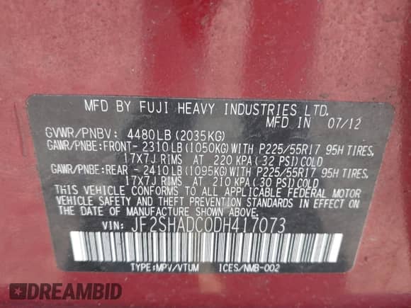 2013 Subaru Forester X Premium z VIN JF2SHADC0DH417073, wystawiony jako IAAI lot #43498249 z przebiegiem 170 040 mil mil oraz . Historia ofert i sprzedaży dostępna na DreamBid. Obrazek 9.