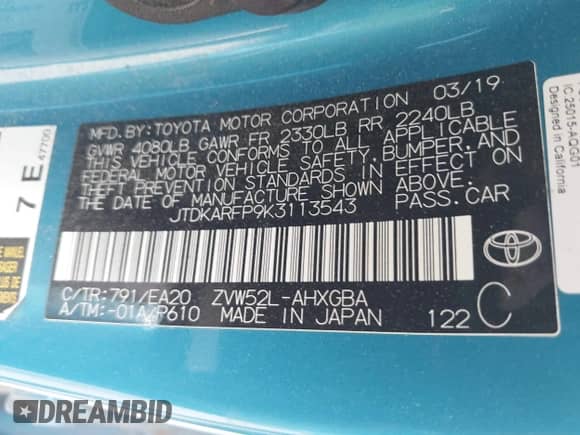 2019 Toyota Prius Plus с VIN JTDKARFP9K3113543, выставлен на аукционе IAAI как лот 42231405 с пробегом 139 019 миль миль и . История ставок и продаж доступна на DreamBid. Изображение 9.