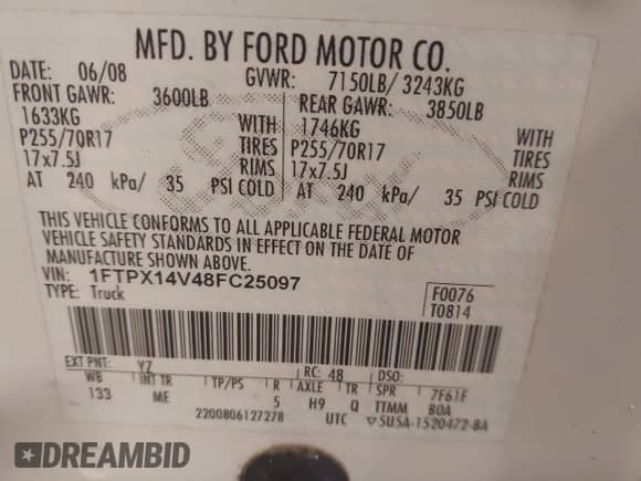 2008 Ford F-150 XLT с VIN 1FTPX14V48FC25097, выставлен на аукционе IAAI как лот 43370077 с пробегом 147 558 миль миль и . История ставок и продаж доступна на DreamBid. Изображение 9.