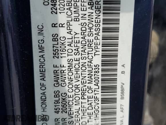 2020 Honda Accord с VIN 1HGCV3F17LA007835, выставлен на аукционе Copart как лот 68458315 с пробегом 70 862 миль миль и Списание • Salvage title. История ставок и продаж доступна на DreamBid. Изображение 13.