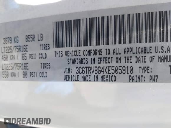 2019 Ram ProMaster Cargo with VIN 3C6TRVBG4KE505910, listed as a IAAI auction lot 42048727 with 175,868 mi miles and . Bid and sale history available at DreamBid. Image 9.