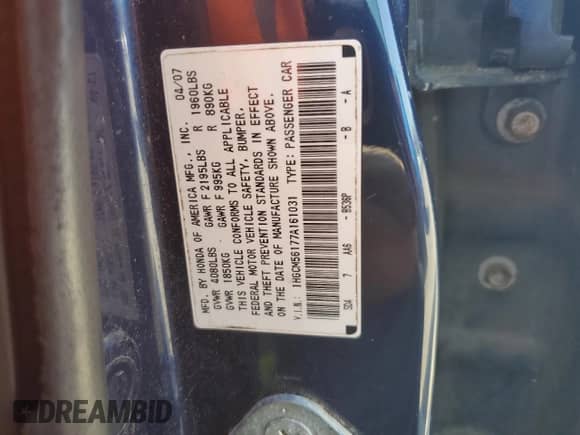 2007 Honda Accord VP с VIN 1HGCM56177A161031, выставлен на аукционе Copart как лот 81587155 с пробегом 170 536 миль миль и Списание • Salvage title. История ставок и продаж доступна на DreamBid. Изображение 12.