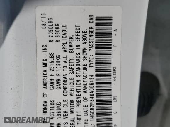 2016 Honda Accord EX-L with VIN 1HGCR2F84GA006434, listed as a Copart auction lot 85643755 with Not provided miles and Salvage title. Bid and sale history available at DreamBid. Image 13.