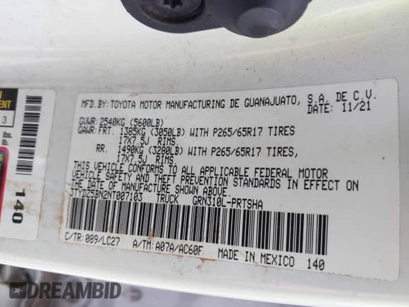 2022 Toyota Tacoma SR5 z VIN 3TYDZ5BN2NT007103, wystawiony jako IAAI lot #42782659 z przebiegiem 118 823 mil mil oraz . Historia ofert i sprzedaży dostępna na DreamBid. Obrazek 9.