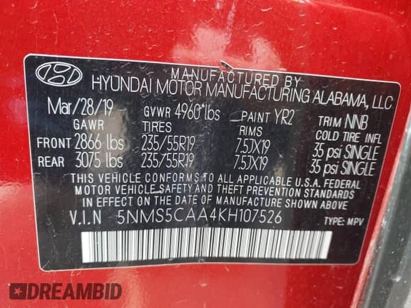 2019 Hyundai Santa Fe Ultimate с VIN 5NMS5CAA4KH107526, выставлен на аукционе IAAI как лот 42689215 с пробегом 64 348 миль миль и . История ставок и продаж доступна на DreamBid. Изображение 9.