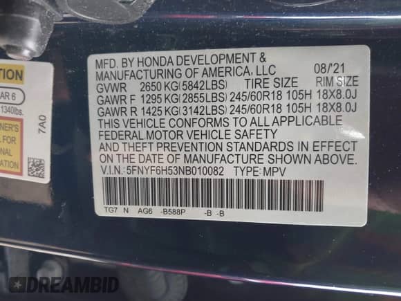 2022 Honda Pilot EX-L with VIN 5FNYF6H53NB010082, listed as a IAAI auction lot 41605798 with 52,733 mi miles and . Bid and sale history available at DreamBid. Image 9.