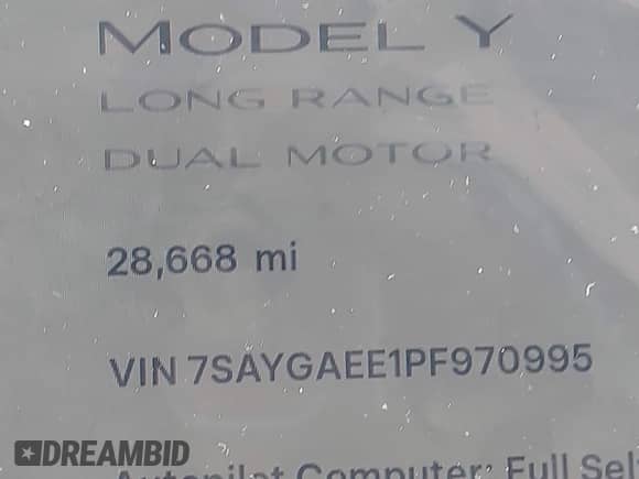 2023 Tesla Model Y Long Range с VIN 7SAYGAEE1PF970995, выставлен на аукционе IAAI как лот 43137426 с пробегом 28 668 миль миль и . История ставок и продаж доступна на DreamBid. Изображение 15.
