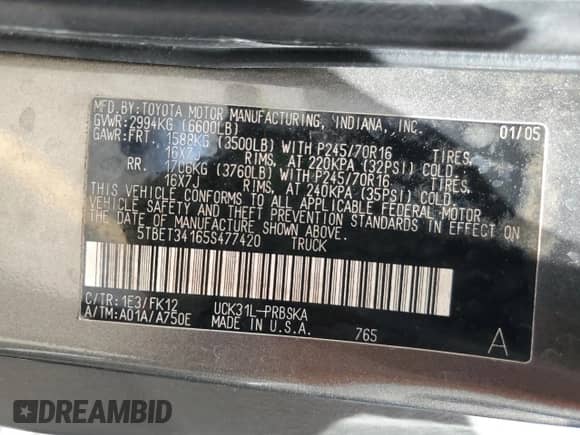 2005 Toyota Tundra SR5 с VIN 5TBET34165S477420, выставлен на аукционе Copart как лот 81337985 с пробегом 227 448 миль миль и На запчасти • Non repairable. История ставок и продаж доступна на DreamBid. Изображение 12.
