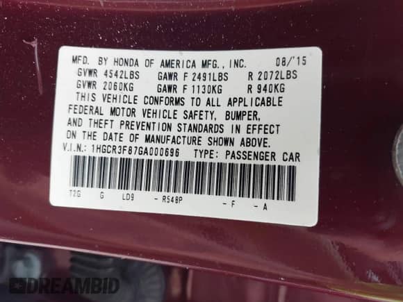 2016 Honda Accord EX-L with VIN 1HGCR3F87GA000696, listed as a IAAI auction lot 42672716 with 106,733 mi miles and . Bid and sale history available at DreamBid. Image 9.