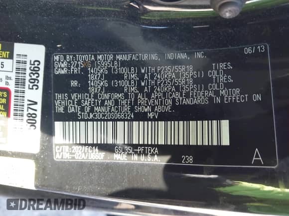 2013 Toyota Sienna LE with VIN 5TDJK3DC2DS068324, listed as a IAAI auction lot 43405475 with 238,805 mi miles and . Bid and sale history available at DreamBid. Image 9.