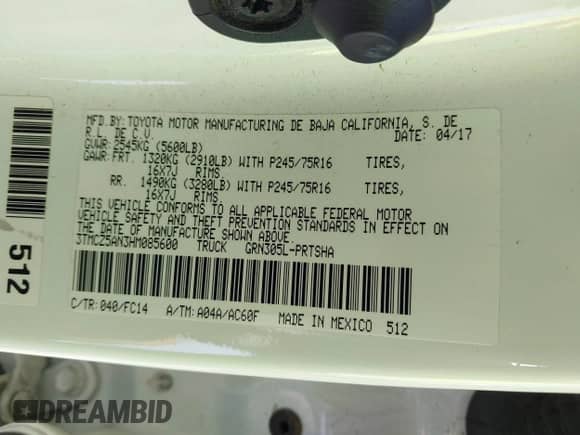 2017 Toyota Tacoma SR5 with VIN 3TMCZ5AN3HM085600, listed as a IAAI auction lot 43176302 with 105,581 mi miles and . Bid and sale history available at DreamBid. Image 9.