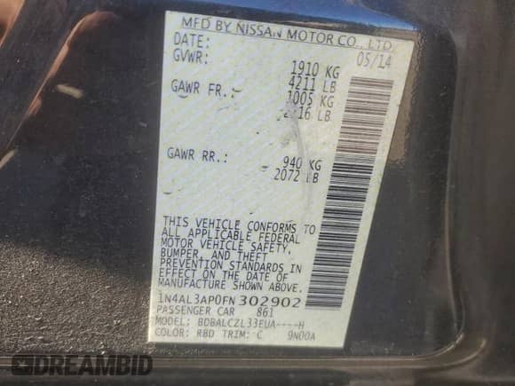2015 Nissan Altima S z VIN 1N4AL3AP0FN302902, wystawiony jako Copart lot #85193435 z przebiegiem 187 515 mil mil oraz Szkoda całkowita • Salvage title. Historia ofert i sprzedaży dostępna na DreamBid. Obrazek 12.