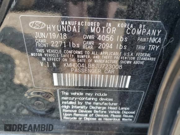 2018 Hyundai Elantra Sport with VIN KMHD04LB8JU723008, listed as a Copart auction lot 67566865 with 69,549 mi miles and Clean title. Bid and sale history available at DreamBid. Image 13.
