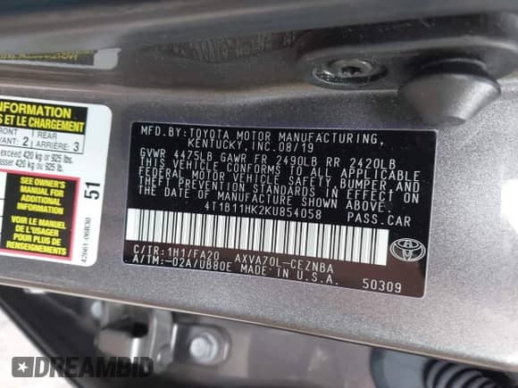 2019 Toyota Camry LE с VIN 4T1B11HK2KU854058, выставлен на аукционе IAAI как лот 43392890 с пробегом 35 838 миль миль и . История ставок и продаж доступна на DreamBid. Изображение 9.