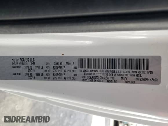 2020 Ram 1500 Tradesman с VIN 3C6JR6DT2LG144156, выставлен на аукционе Copart как лот 49173645 с пробегом 54 249 миль миль и Списание • Salvage title. История ставок и продаж доступна на DreamBid. Изображение 12.