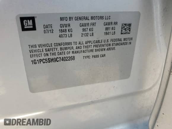 2012 Chevrolet Cruze LS с VIN 1G1PC5SH9C7402268, выставлен на аукционе Copart как лот 71008674 с пробегом 161 711 миль миль и Списание • Salvage title. История ставок и продаж доступна на DreamBid. Изображение 12.