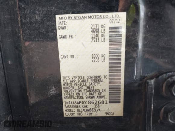 2012 Nissan Maxima S с VIN 1N4AA5AP3CC862681, выставлен на аукционе IAAI как лот 42531253 с пробегом 170 090 миль миль и . История ставок и продаж доступна на DreamBid. Изображение 9.