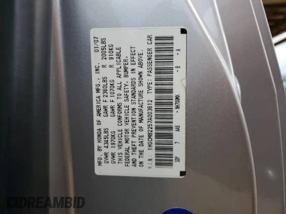 2007 Honda Accord LX с VIN 1HGCM82257A003612, выставлен на аукционе Copart как лот 73422614 с пробегом 129 945 миль миль и Списание • Salvage title. История ставок и продаж доступна на DreamBid. Изображение 13.